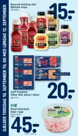 REMA 1000 tilbudsavis uge 37 Side 28: Steff Houlberg Pølser eller bacon i skiver €20,00, Royal Greenland Rejer i lage €45,00
