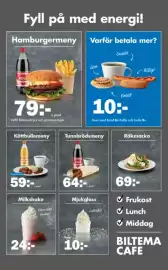 Biltema reklamblad Sida 27: Korv med bröd Kaffe och bulle €10,00, Hamburgermeny €79,00