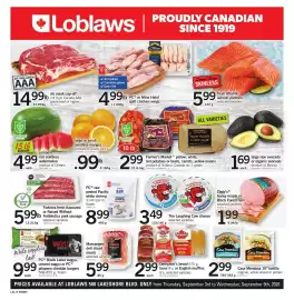 Loblaws flyer week 36 Page 1: Ziggy's honey maple or black forest ham €1,99, PC raw peeled Pacific white shrimp €8,99