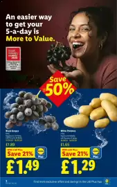 Lidl leaflet week 37 Page 2: Black Grapes €1,49, White Potatoes €1,29