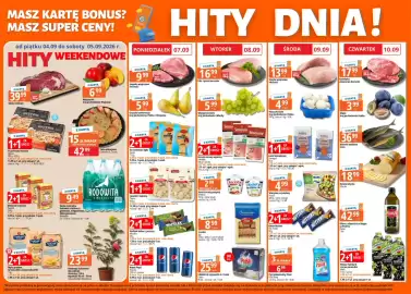 E.Leclerc gazetka tydzień 36 Strona 1: Łopatka wieprzowa bez kości €9,99, Boczek surowy wędzony Sokołów €3,97