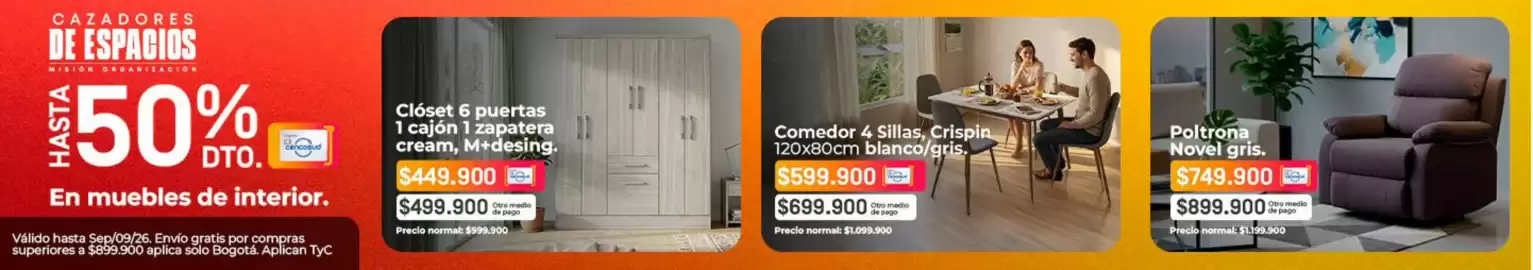 Catálogo Easy semana 36 Página 1: Comedor 4 sillas €599.900,00, Pago - clóset 6 puertas 1 cajón 1 zapatera cream €449.900,00