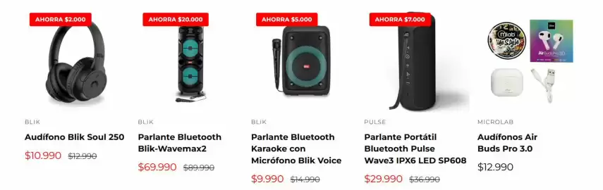 Catálogo Multicentro Página 4: Parlante bluetooth blik-wavemax2 €69.990,00, Audifono blik soul 250 €10.990,00