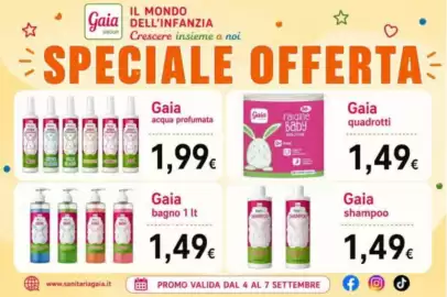 Volantino Sanitaria Gaia Pagina 10: Gaia acqua profumata €1,99, Gaia faldine baby €1,49