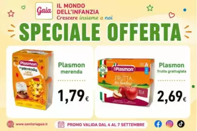 Volantino Sanitaria Gaia Pagina 9: Plasmon la Merenda Latte e Cacao €1,79, Plasmon frutta grattugiata €2,69