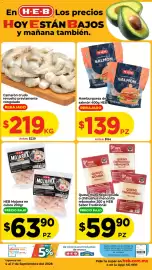 Folleto HEB Página 6: Camarón crudo revuelto previamente congelado €219,00, H-E-B hamburguesas de salmón €139,00