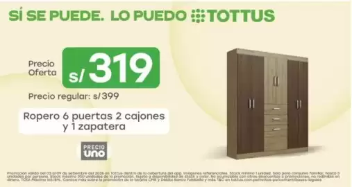Catálogo Tottus semana 36 Página 10: Tottus ropero 6 puertas 2 cajones y 1 zapatera €319,00