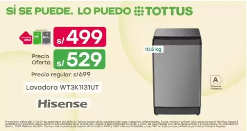 Catálogo Tottus semana 36 Página 12: Hisense lavadora wt3k1131ut €499,00