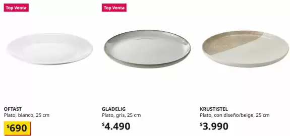 Catálogo IKEA Página 2: Plato, con diseño/beige, 25 cm €3.990,00, Plato, blanco, 25 cm €690,00