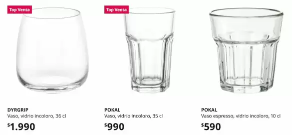Catálogo IKEA Página 4: Pokal vaso, vidrio incoloro, 35 cl €990,00, Vaso espresso, vidrio incoloro, 10 cl €590,00
