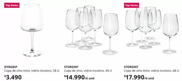 Catálogo IKEA Página 5: Copa de vino tinto, vidrio incoloro, 58 cl €3.490,00, Copa de vino tinto, vidrio incoloro €1,00