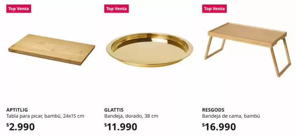 Catálogo IKEA Página 8: Bandeja, dorado, 38 cm €11.990,00, Tabla para picar, bambu, 24x15 cm €2.990,00