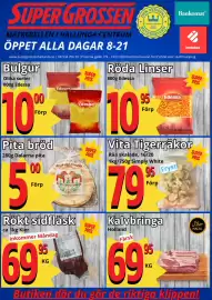 Supergrossen reklamblad vecka 37 Sida 1: Pita bröd €5,00, Bulgur €10,00