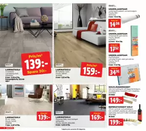 Jem&Fix reklamblad Sida 6: GOLVLÄGGNINGSSET €149,00, UNDERLAGSFOAM €14,08
