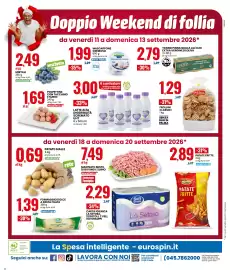 Volantino Eurospin Pagina 20: Latte alta digeribilità scremato UHT Amo Essere €3,00, Frollini Classici Dolciando €1,29