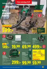 Lidl reklamblad vecka 38 Sida 15: Parkside batteridriven pendelsticksåg €299,00, Parkside universellt bordsskruvstykke €99,90
