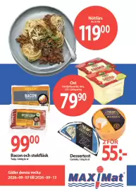 MaxiMat Töcksfors kundeavis uke 37 Side 1: Tulip bacon och stekfläsk €99,00, Castello Dessertost €55,00