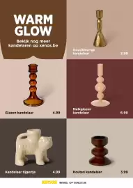 Xenos folder Pagina 28: Goudkleurige kandelaar €3,99, Melkglazen kandelaar €6,99