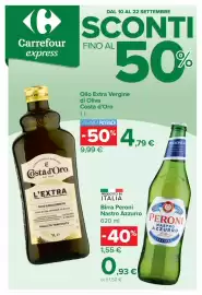 Volantino Carrefour Express Pagina 1: Birra Peroni Nastro Azzurro €0,93, Olio Extra Vergine di Oliva Costa d'Oro €9,99