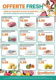 Volantino GrosMarket settimana 37 Pagina 1: Scampi 16/20 €12,99, Salamella di suino €4,99