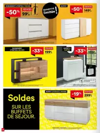 Catalogue BUT page 16: ALVA BUFFET 3 PORTES 3 NICHES €199,99, GRAMI BUFFET 2 PORTES 1 TIROIR €199,99