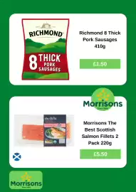 Morrisons leaflet week 37 Page 4: Richmond 8 thick pork sausages €1,50, Morrisons the best scottish salmon fillets €5,50