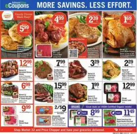 Price Chopper weekly ad Page 2: Market 32 Bone-In Pork Picnic Roast €1,99, Market 32 Gourmet Pub-Style or Smash Burgers €6,99