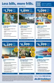ALDI catalogue Page 2: 5 Night Shangri-La Yanuca Island, Fiji €1.799,00, 7 Night Cape Panwa Hotel, Thailand €1.899,00