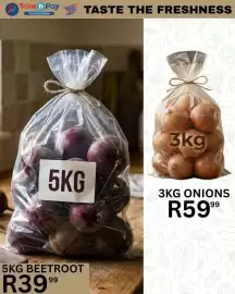 Take 'n Pay catalogue Page 20: 3KG ONIONS €59,99, 5KG BEETROOT €39,99
