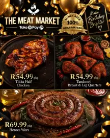 Take 'n Pay catalogue Page 32: Tandoori Breast & Leg Quarters €54,99, Tikka Half Chicken €54,99