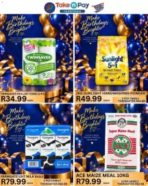 Take 'n Pay catalogue Page 4: Farmgate UHT Milk €79,99, TWINSAYER ROLLER TOWELS €34,99