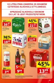 Auchan gazetka tydzień 37 Strona 27: Piwo jasne Warka €13,99, Piwo Jasne Pełne Łomża €11,96