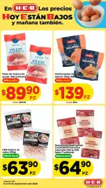Folleto HEB Página 2: H-E-B queso manchego, gouda o chihuahua menonita €64,90, H-E-B hamburguesas de salmón €139,00