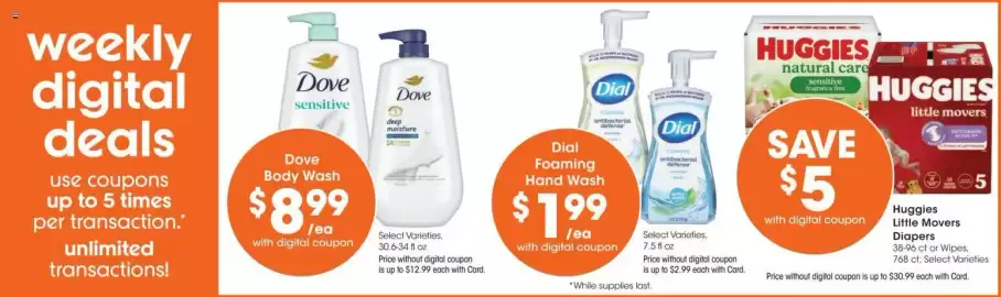 Mariano's weekly ad week 37 Page 5: Dove Body Wash €8,99, Dial Foaming Hand Wash €1,99