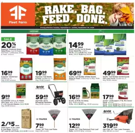 Mills Fleet Farm weekly ad Page 1: Truper 30" Clog Resistant Poly Leaf Rake €12,99, Agri-Fab 44" Tow Lawn Sweeper €319,99