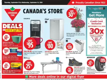 Canadian Tire flyer week 37 Page 1: Master Chef fridge €159,99, Bathroom Tissue Facial Tissue and Paper Towel €17,99