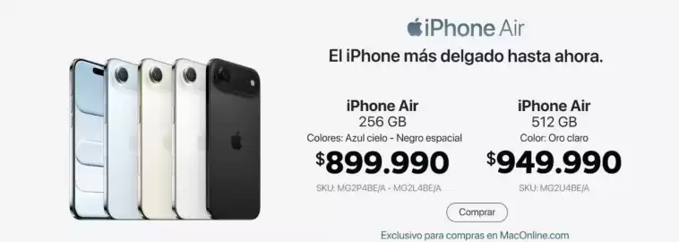Catálogo MacOnline Página 1: Iphone air 512gb oro €949.990,00, Iphone air 256gb €899.990,00