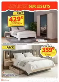 Catalogue Conforama page 13: 2 chevets + armoire €429,00, Tête de lil mattelasse en tissu €359,00