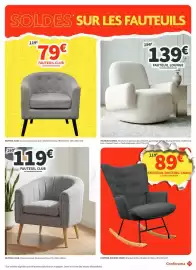Catalogue Conforama page 21: Fauteuil lounge €139,00, Fauteuil rocking chair €89,00