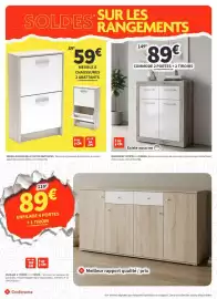 Catalogue Conforama page 4: Meuble chaussures 2 portes abattantes €59,00, Enfilade 4 portes + 1 trésor + 1 trédoc €89,00