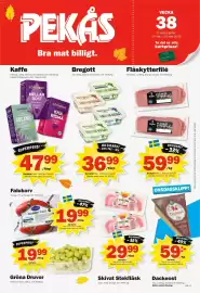 Pekås reklamblad vecka 38 Sida 1: Kaffe €47,99, Bregott €36,99