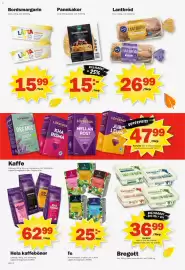 Pekås reklamblad vecka 38 Sida 2: Löfbergs kaffebönor €62,99, Coop pannkakor €15,00