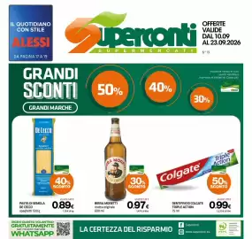 Volantino Superconti Pagina 1: Pasta di semola De Cecco spaghetti €0,89, Birra Moretti ricetta originale €0,97