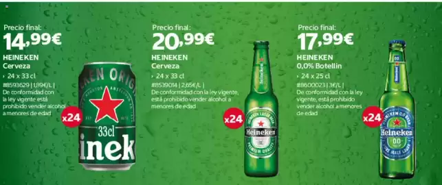 Catálogo Costco semana 37 Página 9: Heineken cerveza €20,99, Heineken 0,0% Botellin €17,99