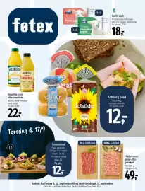 Føtex tilbudsavis uge 37 Side 1: Smørrebrød €12,00, Valsølille juice eller smoothie €22,00