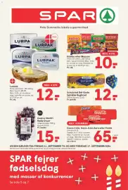 SPAR tilbudsavis uge 37 Side 1: Lurpak €12,00, Haribo eller Maoam €10,00