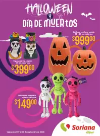 Folleto Soriana Híper Página 1: Calabaza con luz y sonido €999,00, Figura catrina o catrín €399,00