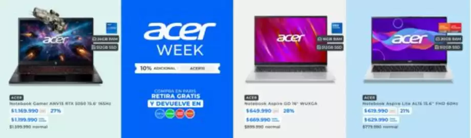 Catálogo Paris Página 10: Acer - matebook comar €1.169.990,00, Acer - notebook aspire go 14 wuxga €649.990,00