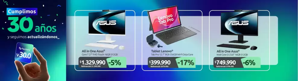 Catálogo PC Factory Página 10: Asus - all in one €749.990,00, Lenovo - tablet €399.990,00