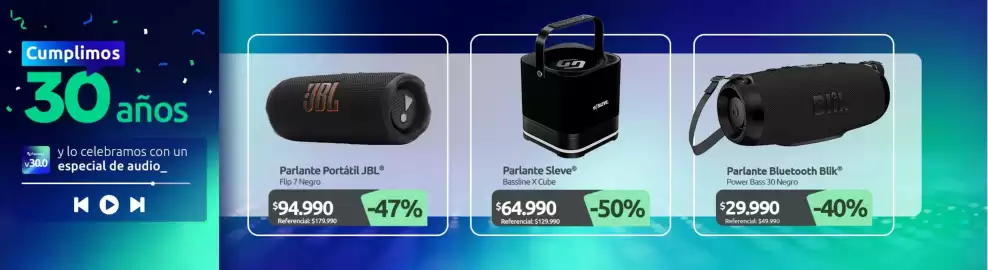 Catálogo PC Factory Página 2: Jbl - parlante portátil €94.990,00, Power - parlante bluetooth blik €29.990,00